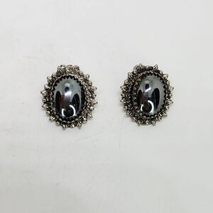 Vintage Hematite Silver Tone Large Domed Ornate Frame Oval Clip On Earrings